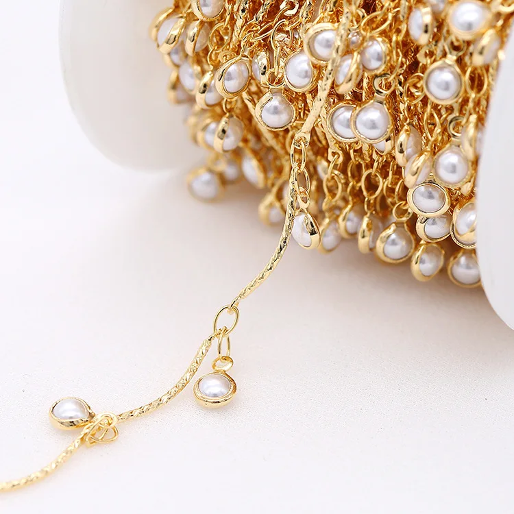 

Jewelry Supplies Textured Special Design Gold Plated Pearl Beaded Brass Chain, 14k gold