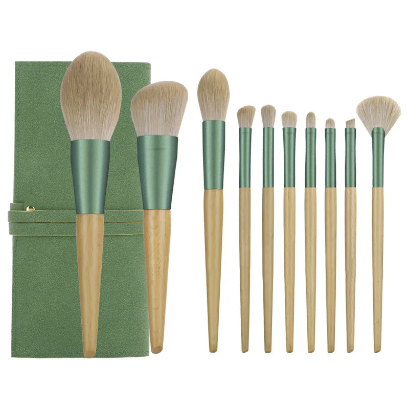 

HZM Factory Wholesale private label High Quality Wood Handle Green Makeup Brushes Set Cosmetic Tool, Customized