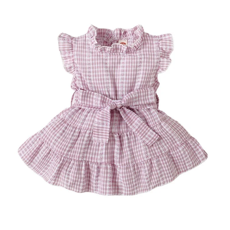 

Summer party dress o-neck smocked pink bow plaid sleeveless toddle girl