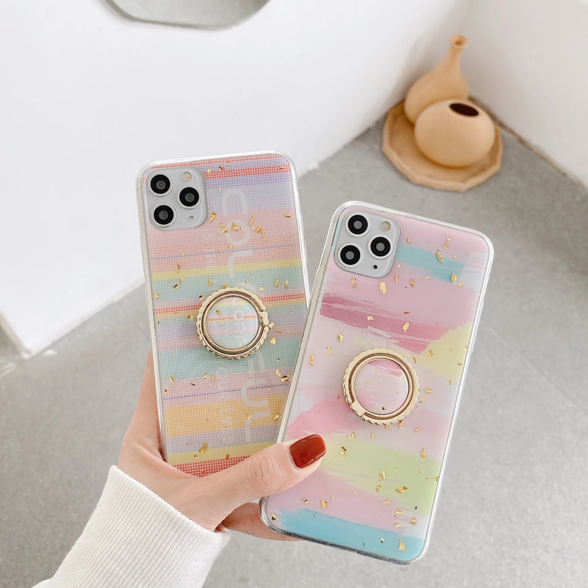 

2021 Hot Sale Beautiful Colorful TPU PC Mobile Phone Case Woman Glitter Ring Holder Phone Cover For iPhone 12/11Pro Max, Purple , rainbow