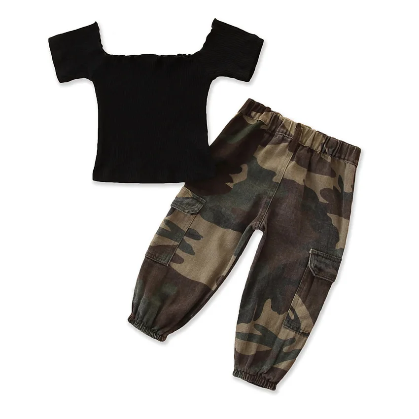 

2021 summer foreign girl suit baby sweater camouflage overalls two-piece suit for girls, Picture shows