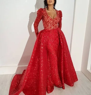 

2020 newest sexy woman evening dress red sequined dress with trailing tail, Picture