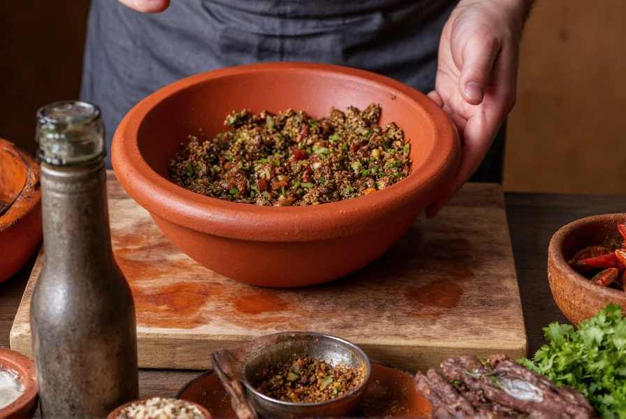 Mexican cook preparing guajillo pepper sauce in traditional clay molcajete, showing rehydrated peppers being ground with garlic and spices