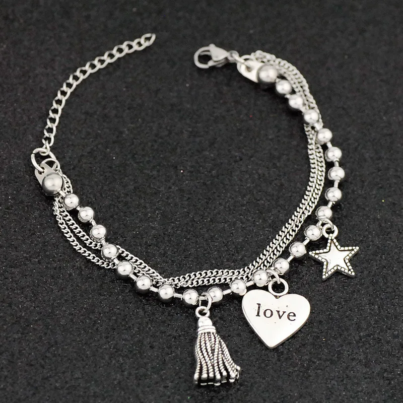 

Bohemian 316L Stainless Steel Ball Beaded Chain Heart Charm Tassel Bracelet 316L Stainless Steel Heart Pendant Bracelets