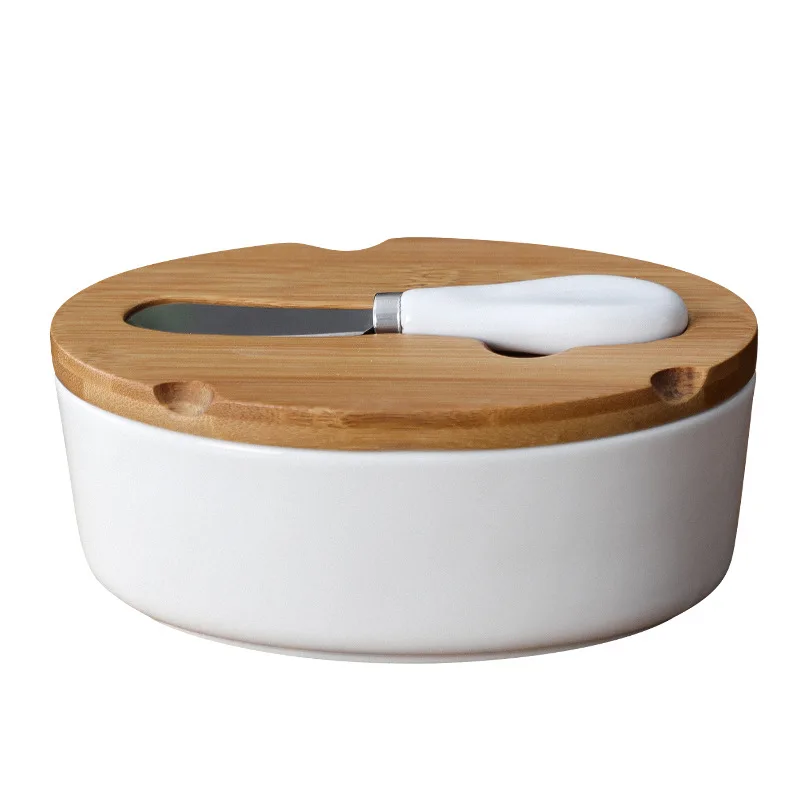 

White Luxury Butter Plate With Bamboo Lid And Knife Cheese Box Butter Box Set ceramic Butter Dish