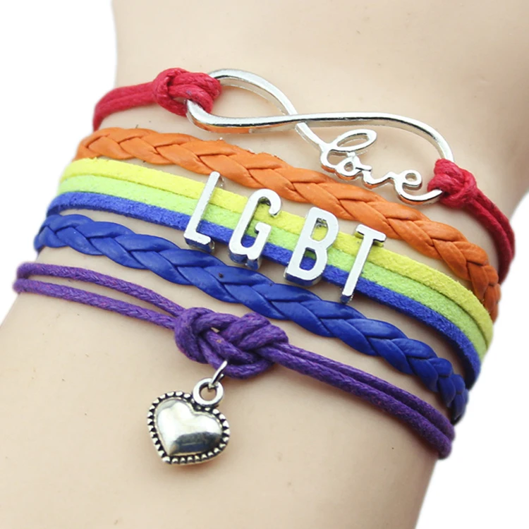 

2021 friendship gifts personal jewelry multi layer leather gay pride LGBT rainbow wrap bracelet with Infinity Love heart charms, Red, rainbow and so on