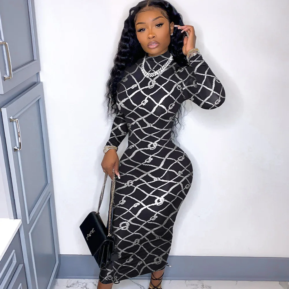 

2021 new trend autumn and winter new products women's tight-fitting sexy skirt rope print black long dress