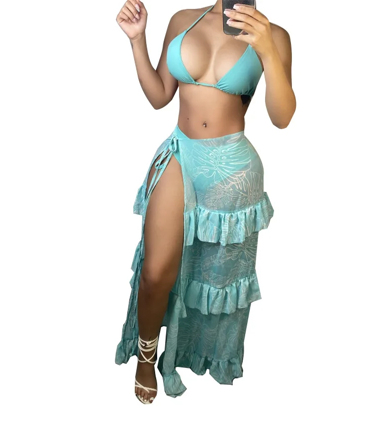 

New designer women clothing beachwear dresses solid color three piece bikini set mesh maxi skirt swimsuit cover ups beach wear, Orange/light blue