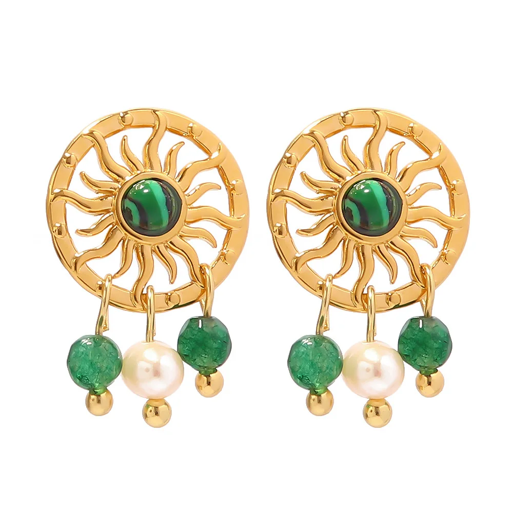 

2023 Vintage Style French Stud Pendant Earrings Stainless Steel Sunflower Green Malachite Inlaid Natural Stone Drop Earrings