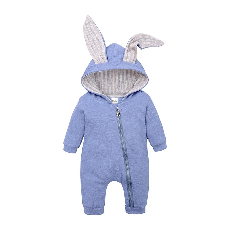 

B60212A Hot selling baby rabbit with big ears hooded zipper romper, Gray pink blue white