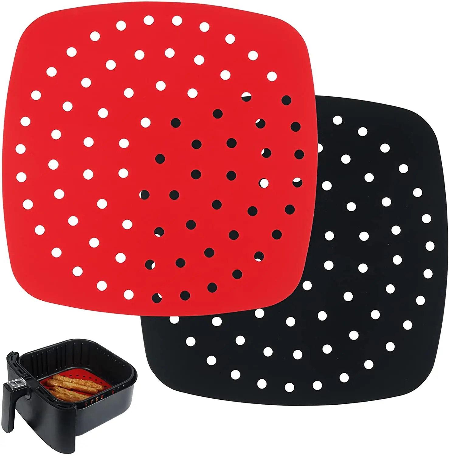 

Silicone Reusable Non-Stick 8.5 Inch Square baking mats/pad Air Fryer Liners, Red/black