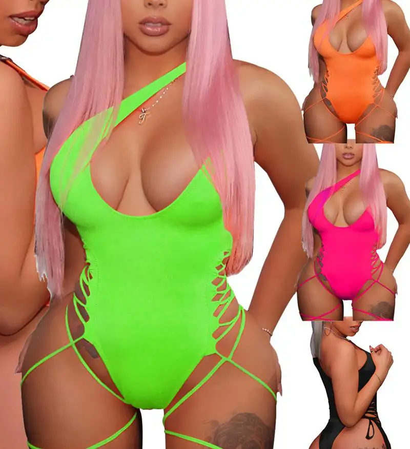 

Lace Up Side Garter Neon Swimsuit Tanga Swimming Suit For Women Bather One Piece Monokini bikinis 2020 beachwear swimwear, Flower