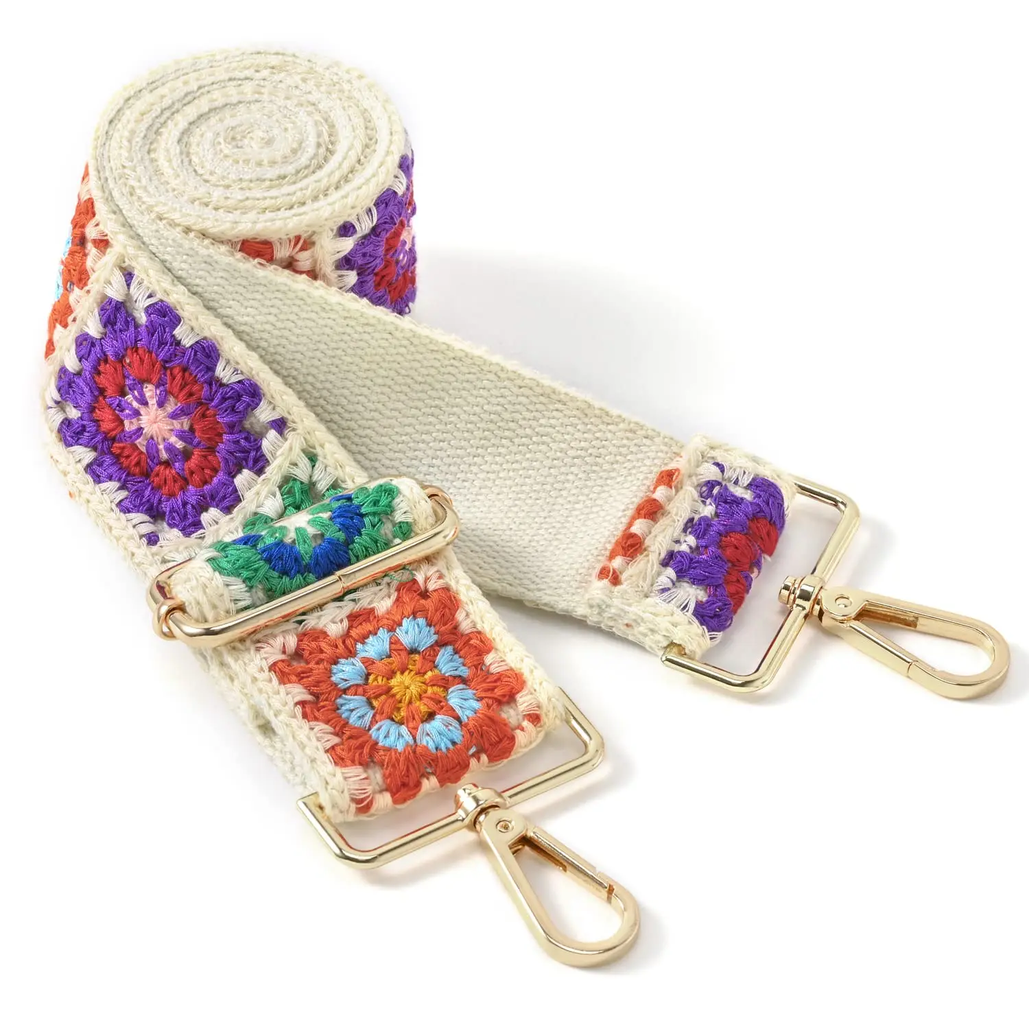 Fashion Trendy Personality Design 2 Wide Gold Buckle Embroidery Crossbody Shoulder Strap Stialish  Crochet Flower Bag Strap