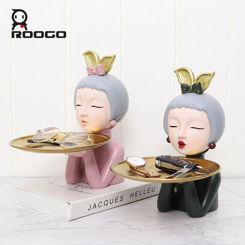 

Roogo resin figurines modern girl home decor fashion home storage tray for living room decoration