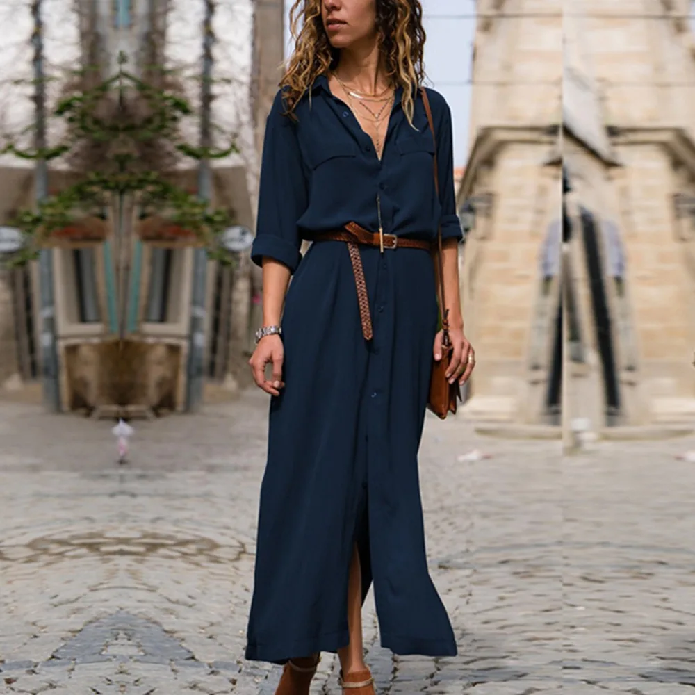 

Autumn And Winter Fashion Loose Long-sleeved Large-sleeved Women Fashion Casual Simple Temperament Dress Women Shirt Dress
