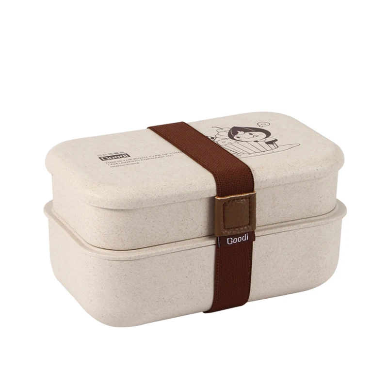 

2021 Cream- color Wheat Straw Biodegradable Light Stylish Belted Double Layers Lunch Box with Spoon Fork and Knife, Cream-coloured