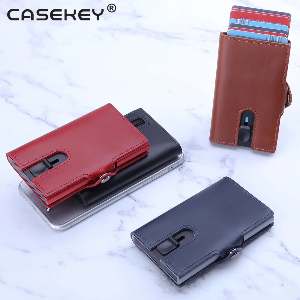 

Genuine Leather Zipper Leatherest Metal Credit Card Holder Wallet RFID NFC Blocking, Black, red, blue, brown