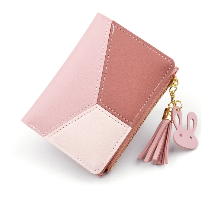 

new women's short wallet splicing contrast short tassel zipper girls men wallet bag credit card