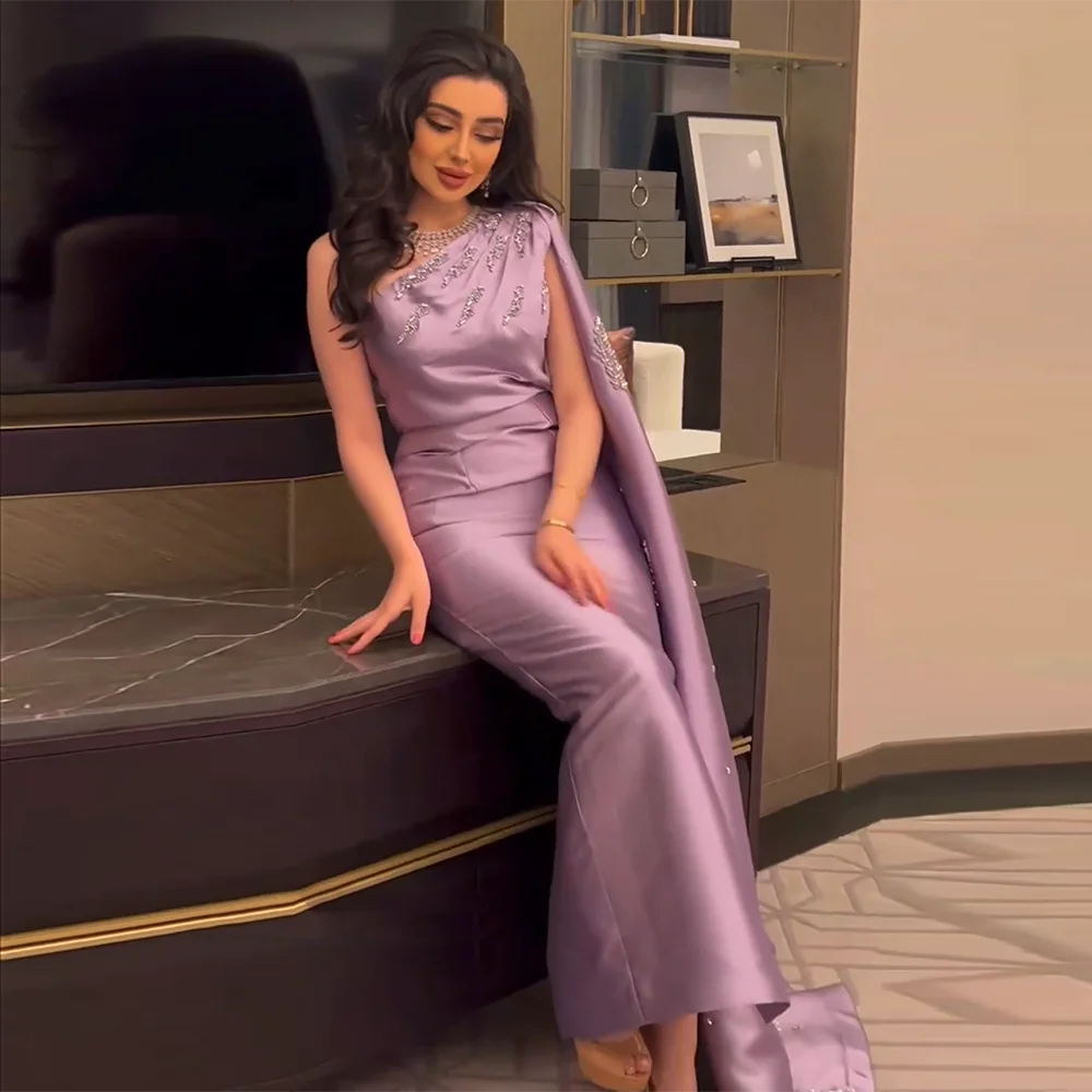 

Arabic One Shoulder Lilac Dubai Evening Dresses With Cape Elegant Ankle Length Women Wedding Guest Party Gowns Scz158