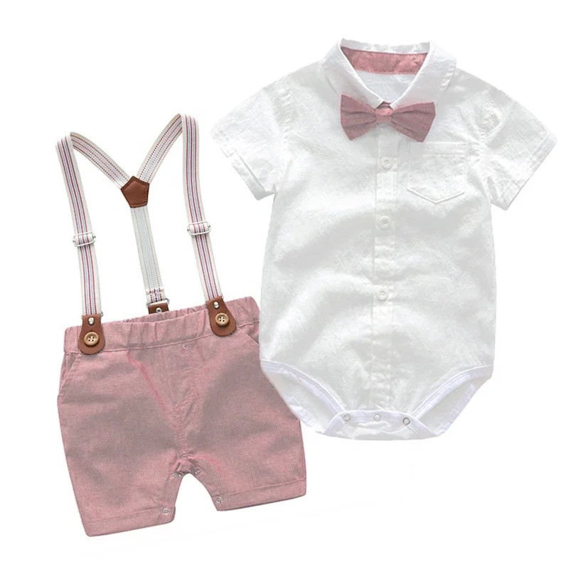 

Baby Clothes Summer Boys Suits Newborn Gentleman Party Soft Cotton Solid Jumpsuit + Suspender Pants Infant Toddler Set, As picture