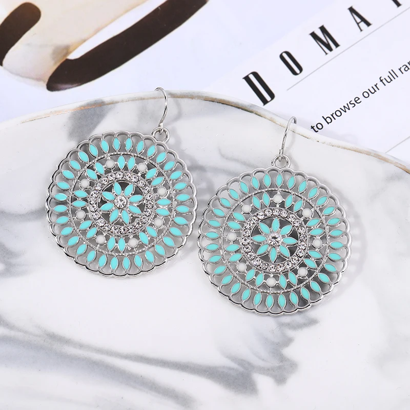 

Fashion Ethnic Style Blue Hollow Zircon hoop Earrings Round Drop Earrings Aretes Bohemian Earrings For Women