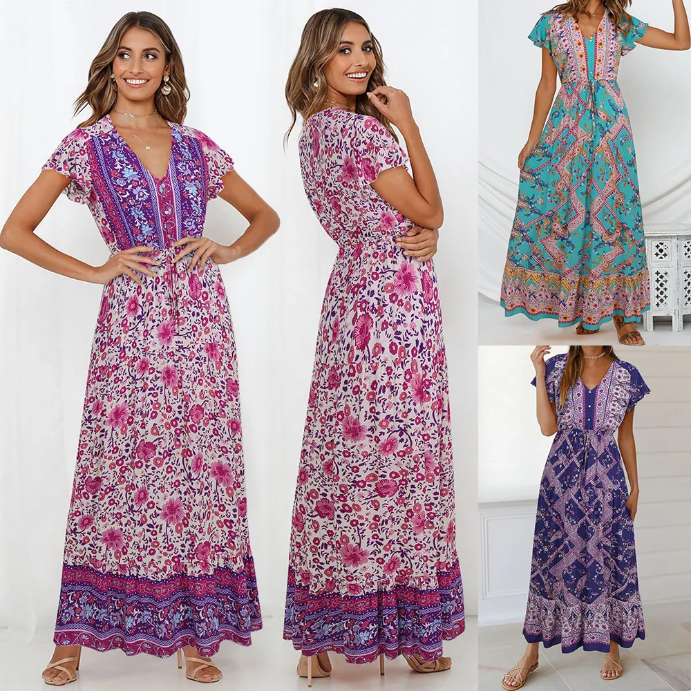 

Oem Factory 2021 Causal Ladies Summer Floral Dresses Elegant Women'S Wear Boho Long Dress