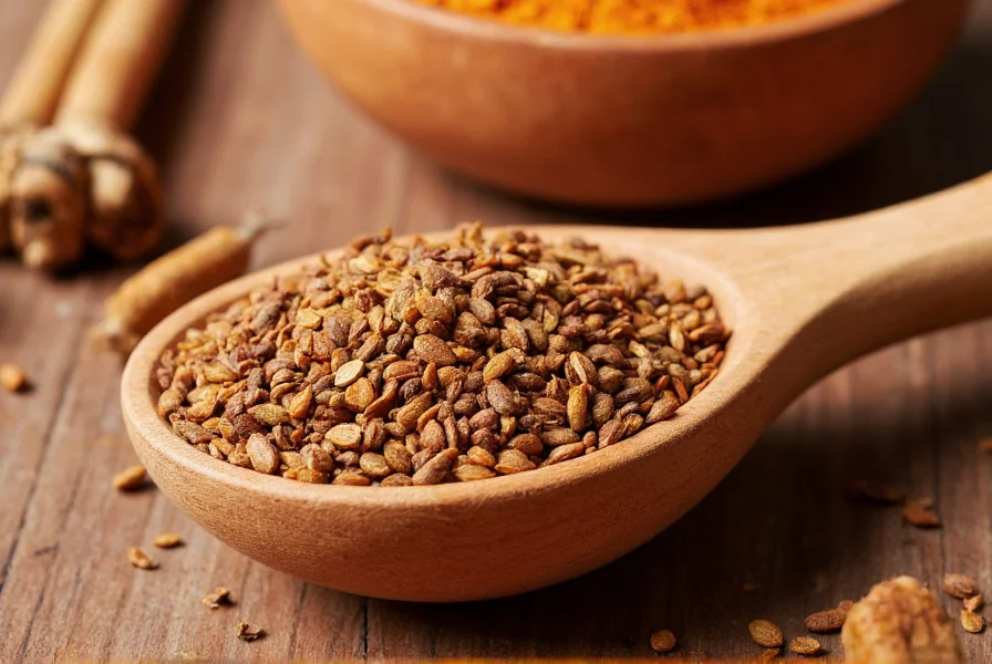 Close-up photography of cumin seeds in a wooden spoon with spice bowl background