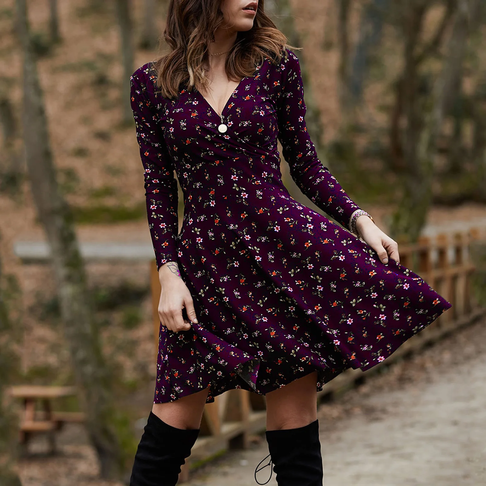 

spring autumn leisure elegant dress floral long sleeve sexy V-neck women's Ruffle Skirt pyjamas korean floral print dress, Red, black, red, customized color
