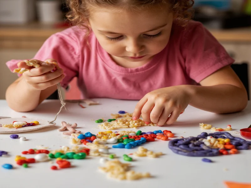 Child stringing painted pasta beads into necklace