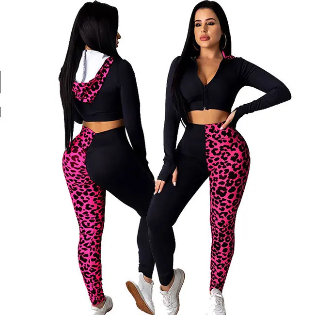 leopard Color Long Sleeve Hooded Sweatshirt Long Pencil Pants Woman Fashion Two Piece Sports Set Women Clothing