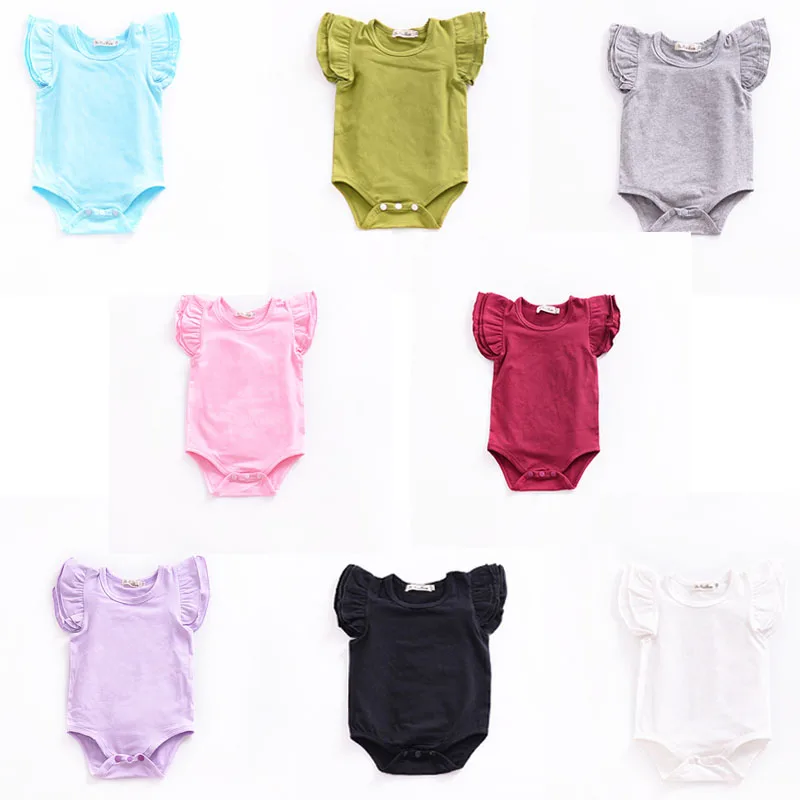 

Wholesale organic cotton plain ruffle flutter sleeve infant clothing baby girls rompers, As picture show