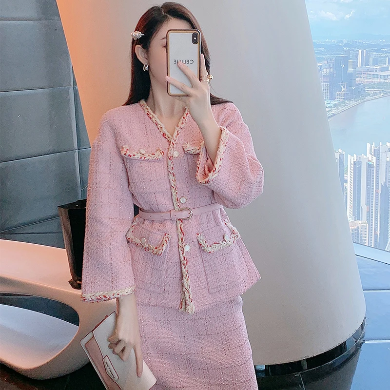 

2022 arrivals New Products Elegant Casual Wear Temperament Two-piece Trendy Pink Tweed Jacket Long Skirt Set, Picture color