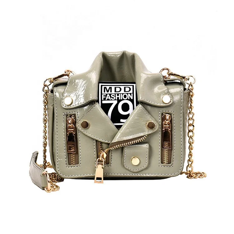 

New Jacket Shaped Punk Shoulder Bag Cool Mini Crossbody Bag Women Patent PU Leather Handbag Rivet Chain Messenger Bag, Green, orange, yellow, purple, white, silver, black