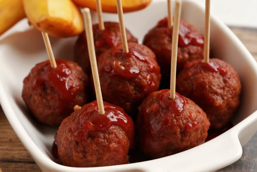 Close-up of glossy grape jelly chili sauce meatballs served in a ceramic dish with toothpicks