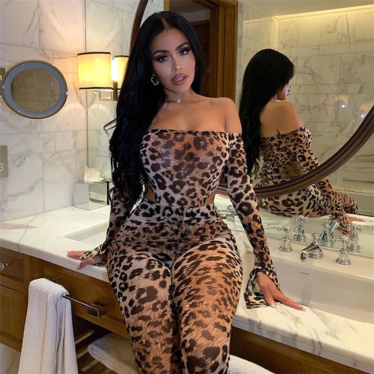 

D96817 2021 Summer Tank Jumpsuit Fashion Leopard Printed long pants bodycon romper Gym Sporty one piece Jumpsuit For Women