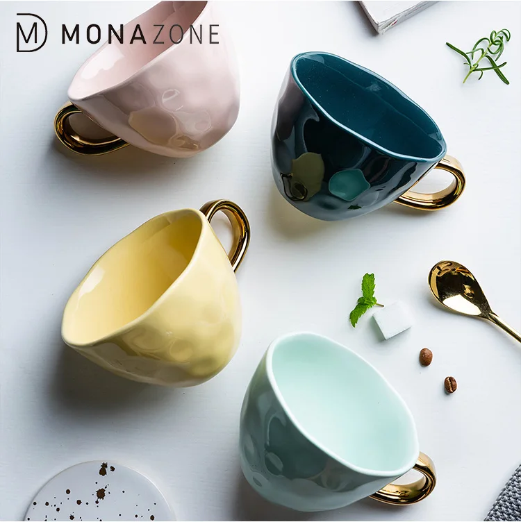 

MONAZONE 350ml Watercolor Four Colors Coffee Mug With Golden Handgrip And Spoon