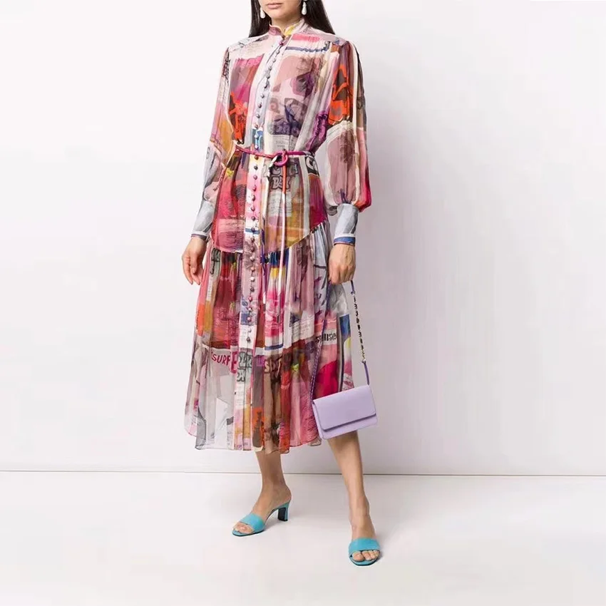 

Single Breasted Two Piece Set Button Print Pleated Auricle Tie Middle waisted stand collar flutter hot cheap dresses, Short style,long style
