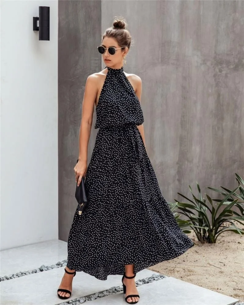 

Classic fashion long dress summer beach korean sleeveless halter backless black polka dot floral print summer dress long maxi, Blue or custom ,summer dress long