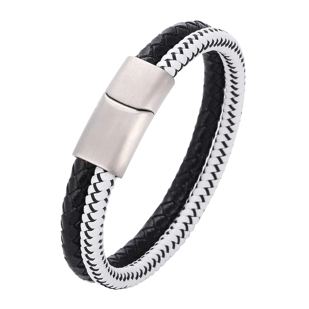 

Popular New Genuine Bangle Engraveable With Buckle Mens Customised Leather Bracelet, Black leather, white pu leather & black steel wire,customized color