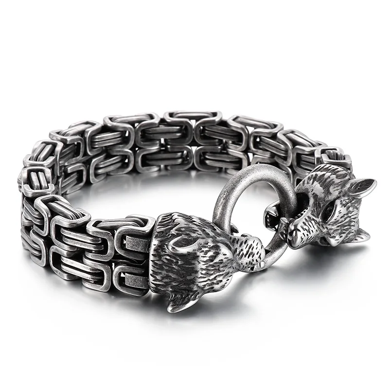 KALEN 220mm Mens Punk Stainless Steel Wolf Head Charm Byzantine Link Bracelet