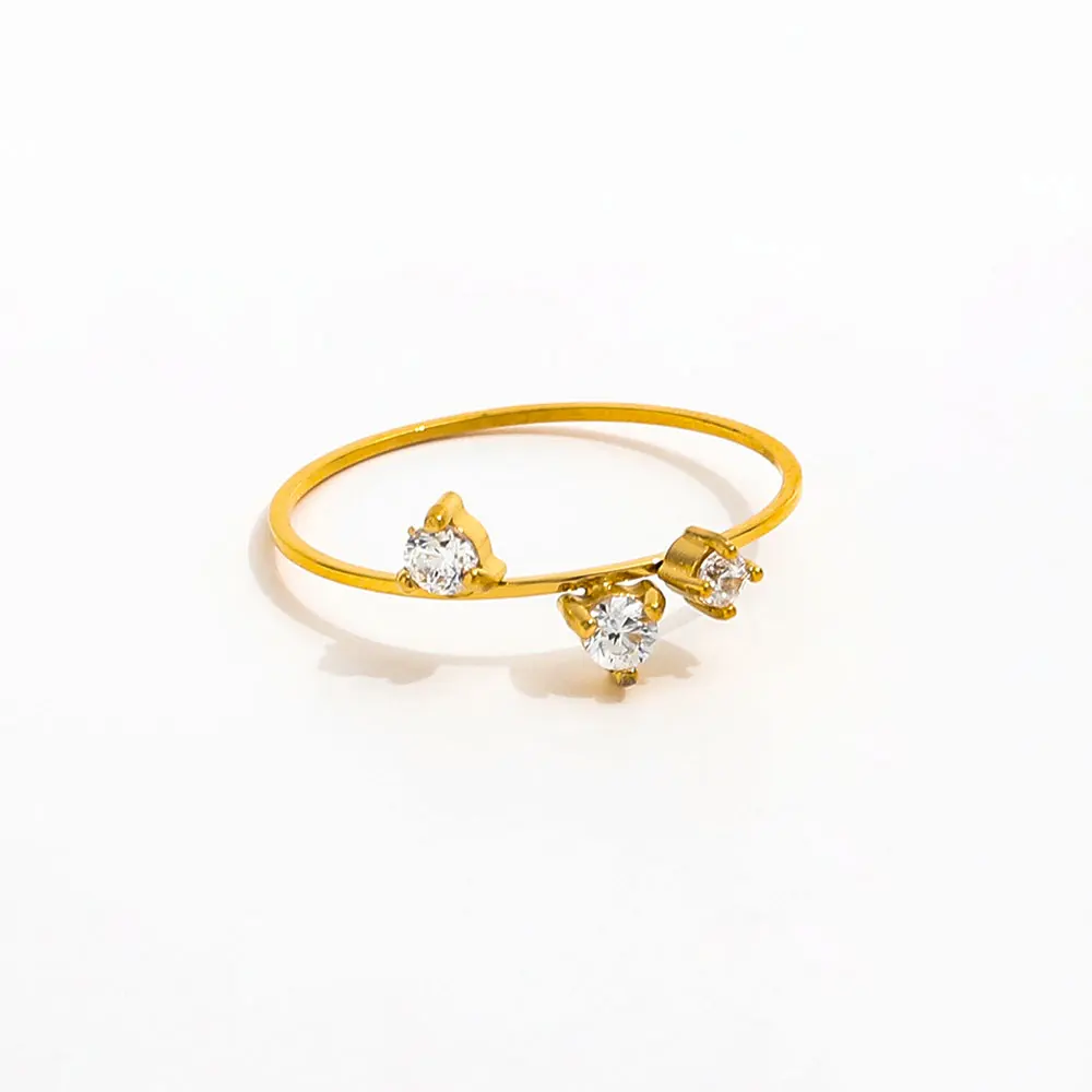 Joolim Jewelry Wholesale 18K Gold Plated Dainty Lines Ring Women 3 CZ Zircon Stainless Steel Engagement