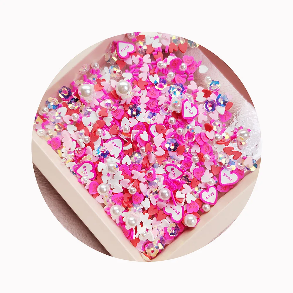 Valentines Day 500G Nail Charms Decorations Love Heart Slime Accessories Flower Glitter Pearls Polymer Clay Artificial Style