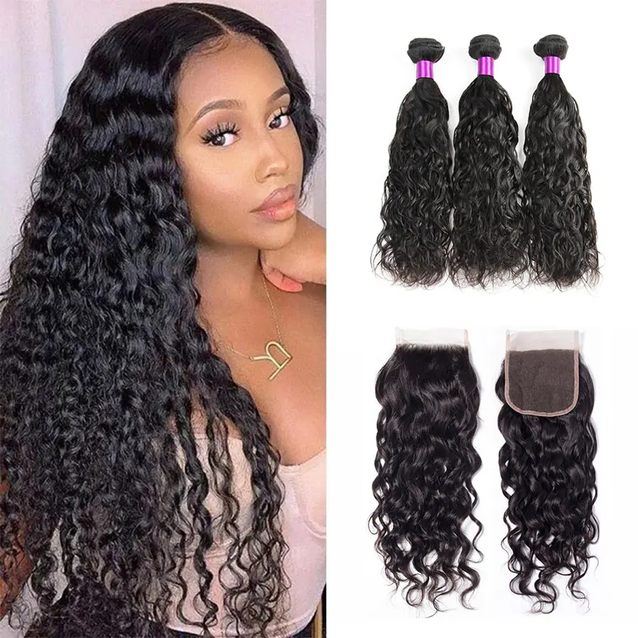 

Water Wave unprocessed cheap cambodian indian vendor 100% virgin brazilian human hair weave extension bundle with lace closure