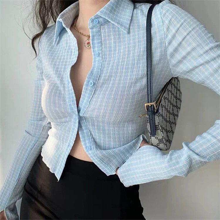 

D11756 New style casual lapel long flare sleeve wrinkle check tops sexy fall fashion shirts women clothing 2021