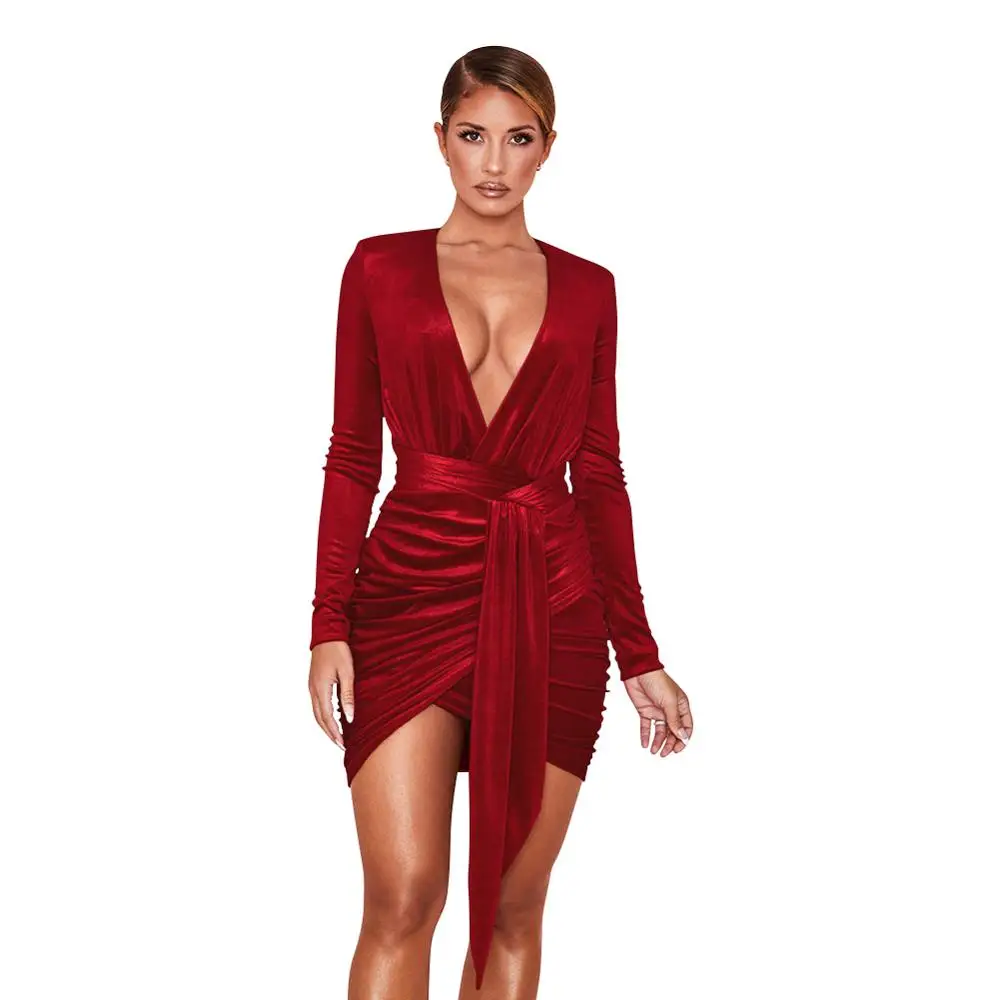

Women Long Sleeve Velvet Bodycon Slit Dress Sexy Ladies Party Evening Dresses