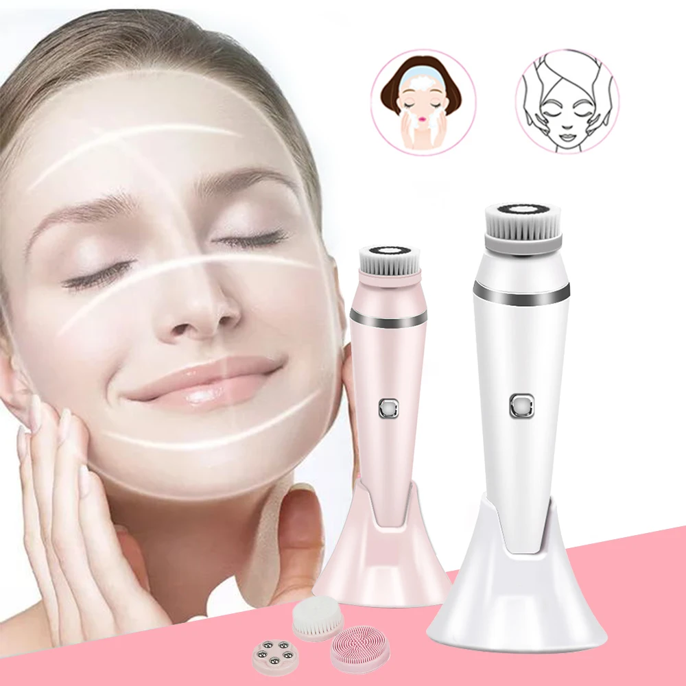 

4 in 1 electric face pore cleaning silicone facial cleansing brush, White,pink