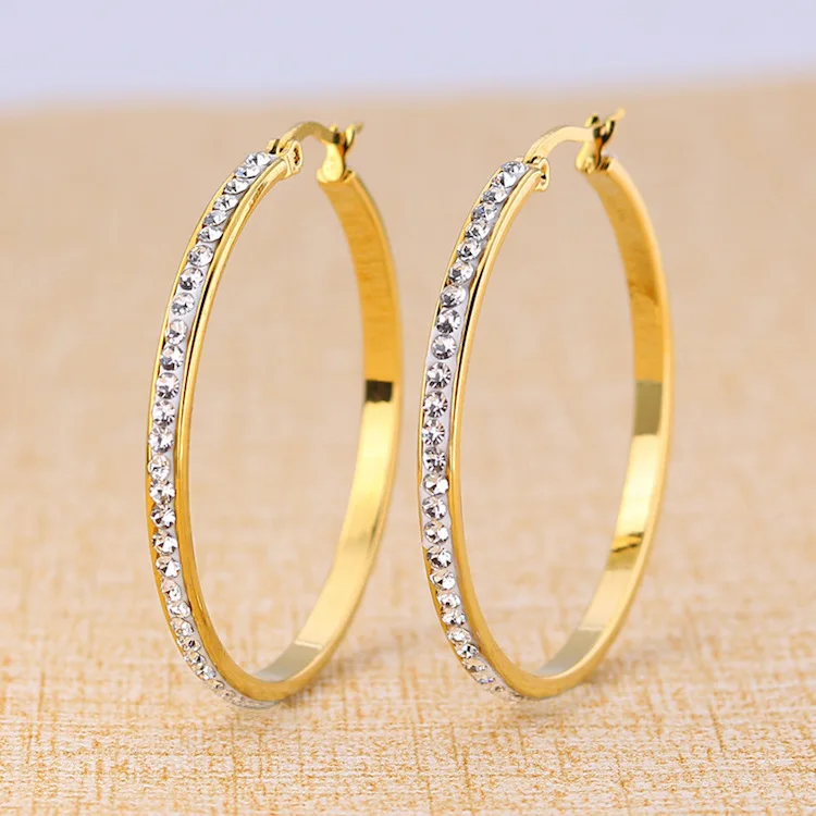 

Fashion all-match stainless steel round big earring zircon gold hoop earrings women