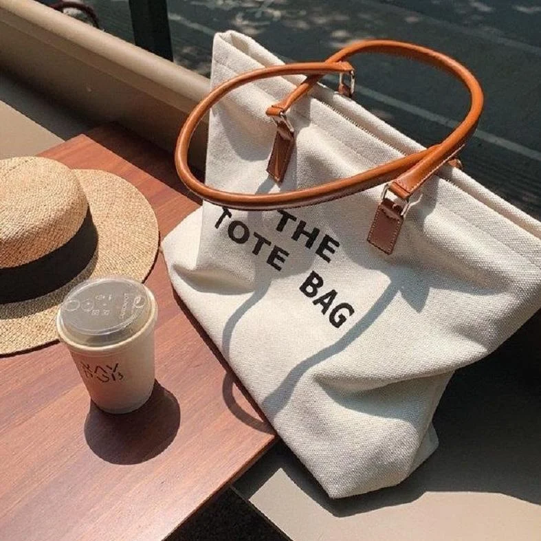 

Korean Designer Fashion High-capacity Durable Portable Outdoor Picnic Cotton Letter Print Black Custom Logo Women Tote Handbag, 1 color