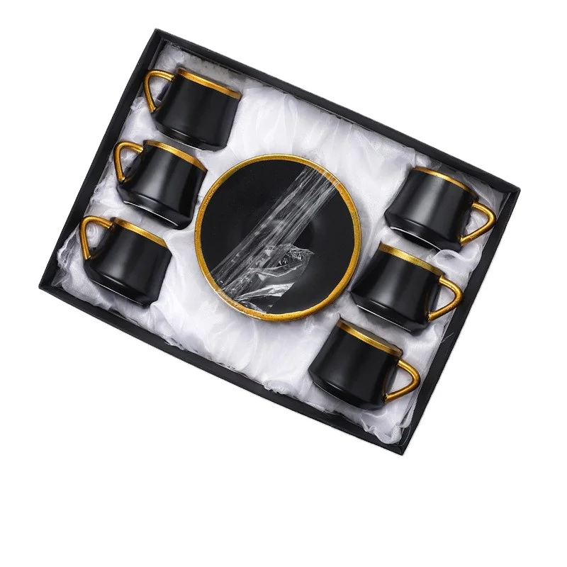 

Vintage High Quality 100ml Black Enamel 12PCS Turkish Arabic Coffee Cup Saucer Gift Set with Gold Rim, White ,pink