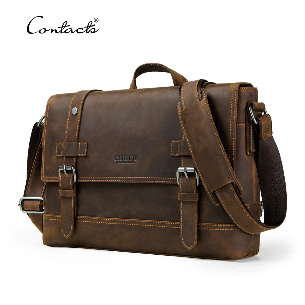 

contact's drop shipping luxury crazy horse leather briefcase men satchel laptop genuine leather soft bag briefcase for 12 inches, Coffee or customized